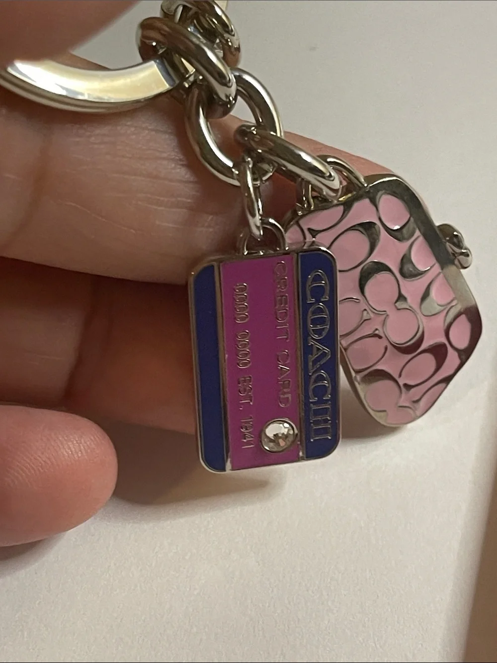 Coach Pink Enamel Logo Charm Keychain with Matching Pink Coach Pen